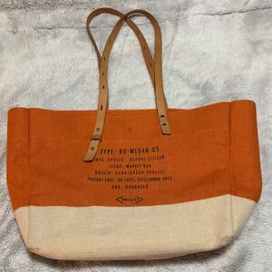 Apolis Shoulder Market Bag  Orange & Cream Canvas Tote Bag with Leather Straps